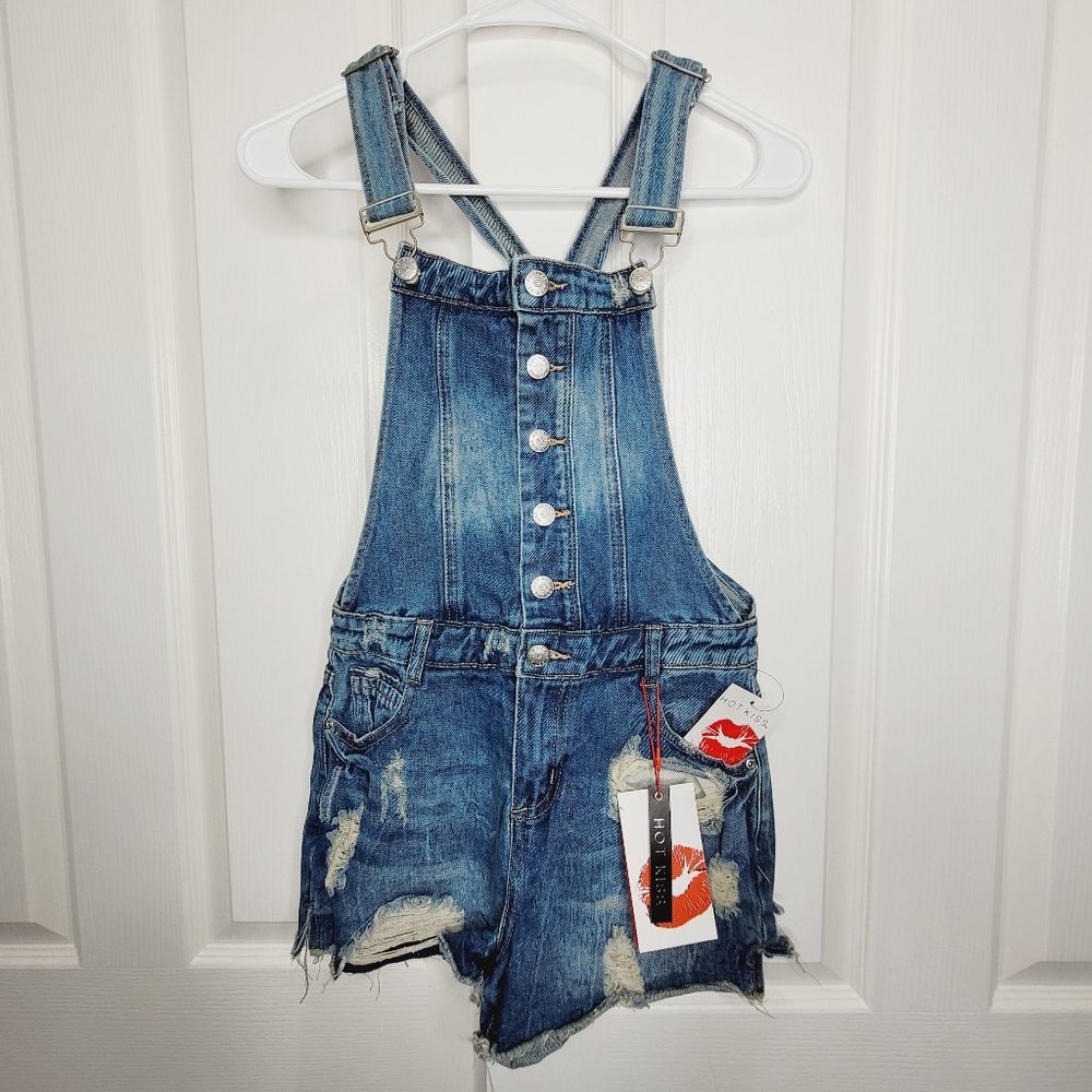 Hot Kiss Medium Wash Distressed Overall Jean Short